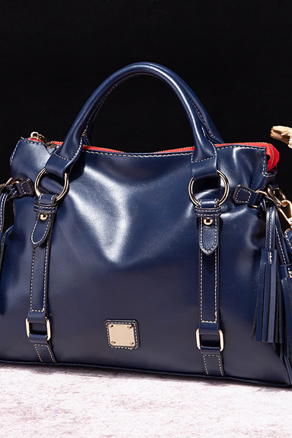 PU Leather Handbag with Tassels Dark Blue One Size - Fashorio