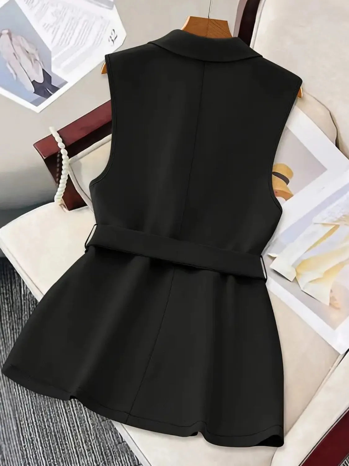 Tie Waist Lapel Collar Sleeveless Blazer - Fashorio