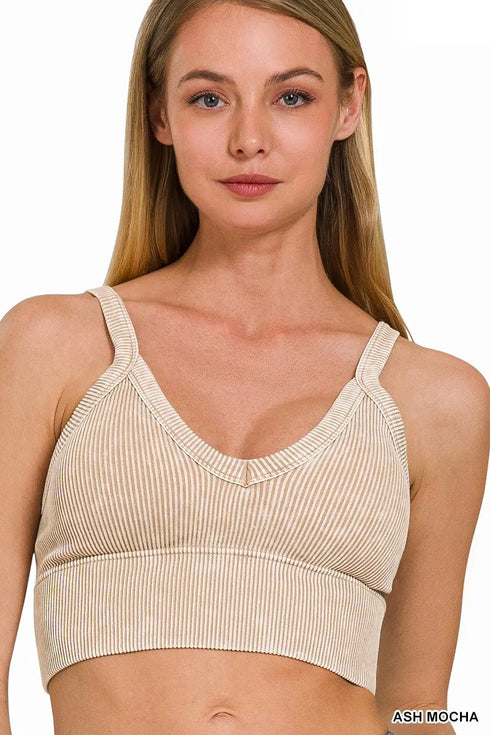 Zenana Washed V Neck Seamless Cropped Bra Top ASH MOCHA - Fashorio