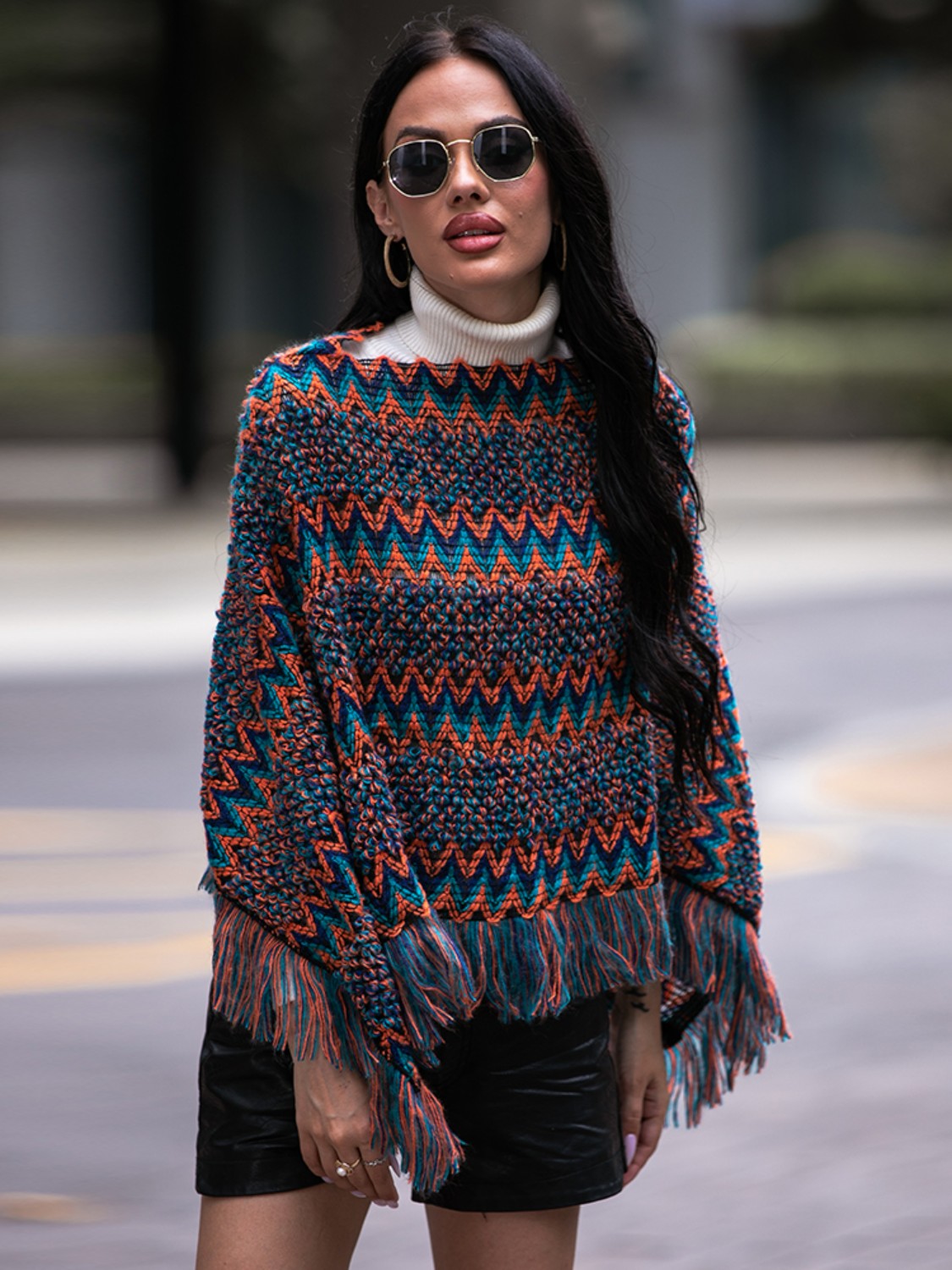 Shiny Fringe Hem Boat Neck Poncho - Fashorio