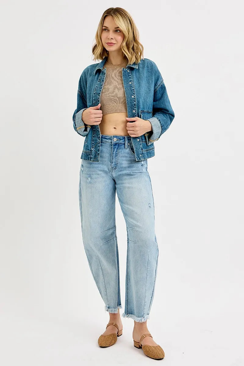 RISEN Oversized Cargo Pocket Denim Jacket with Cuffed Sleeves - Fashorio