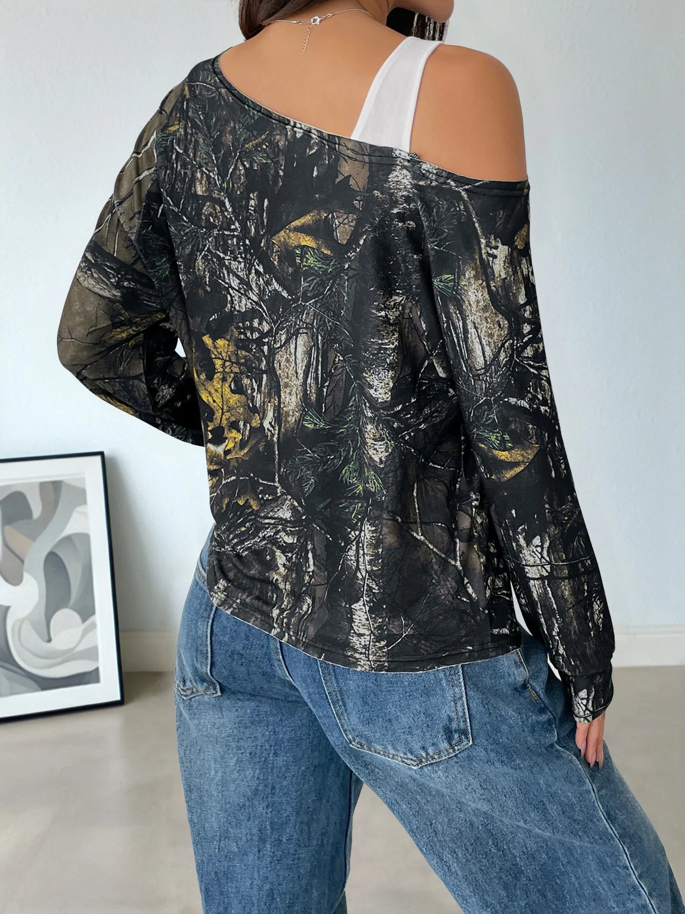 Asymmetrical Neck Printed Long Sleeve Top - Fashorio