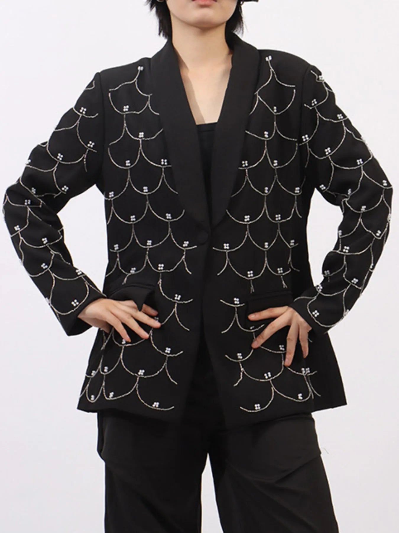 Pearl Detail Long Sleeve Blazer - Fashorio