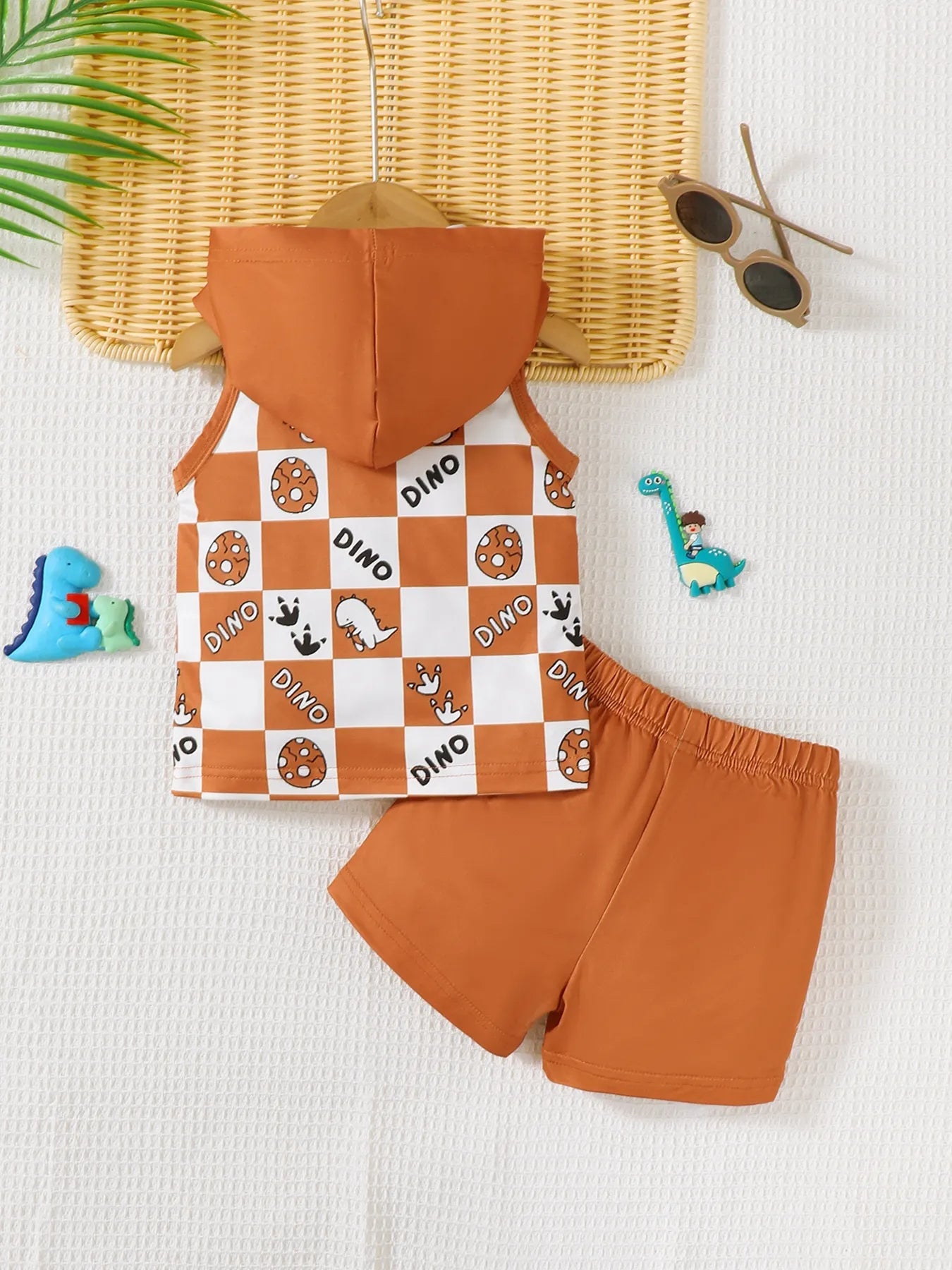 Children's Dinosaur Checkered Sleeveless Hooded Top and Shorts Set - Fashorio