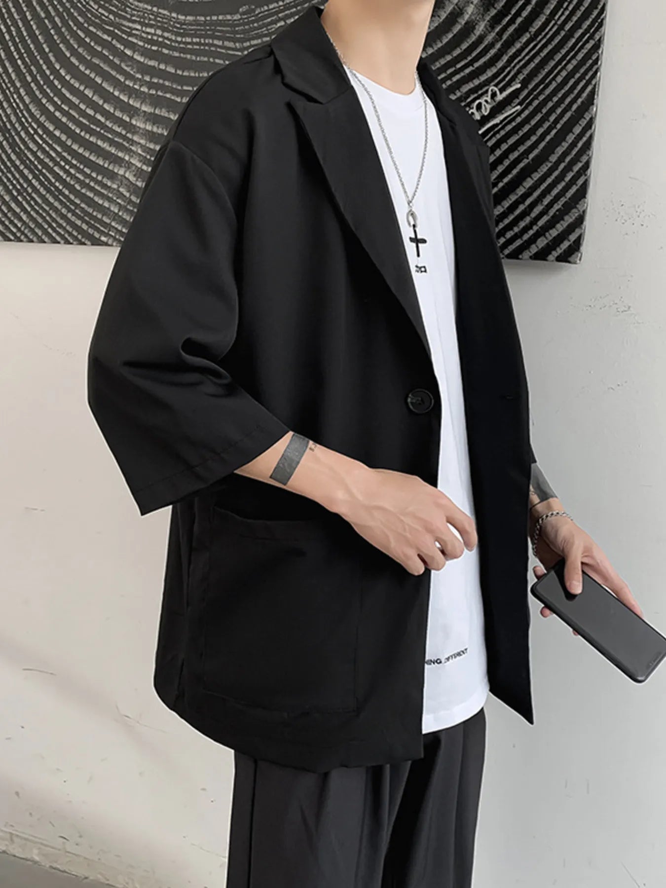 Men's One Button Long Sleeve Blazer Black - Fashorio