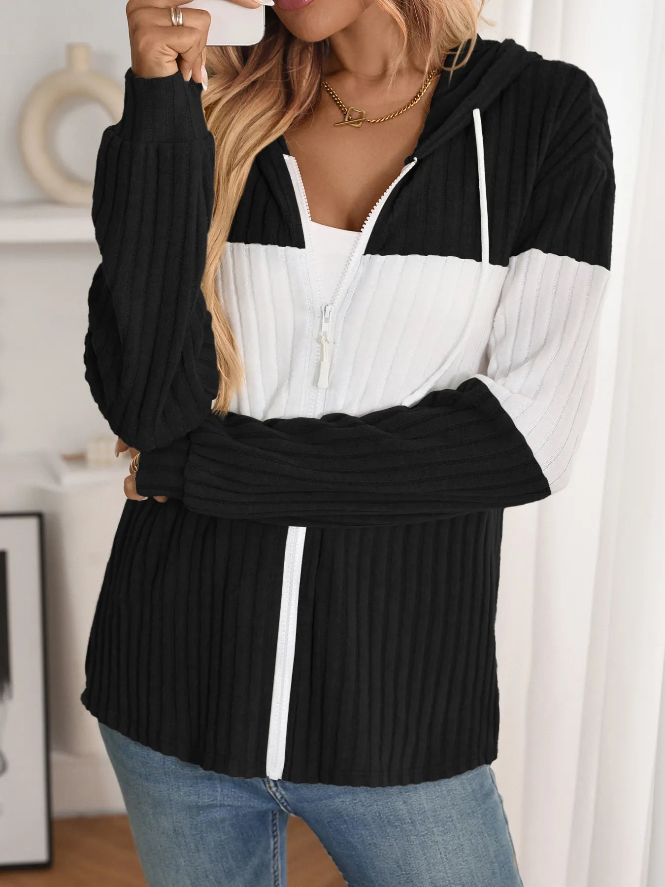 Drawstring Color Block Zip Up Outerwear Black - Fashorio