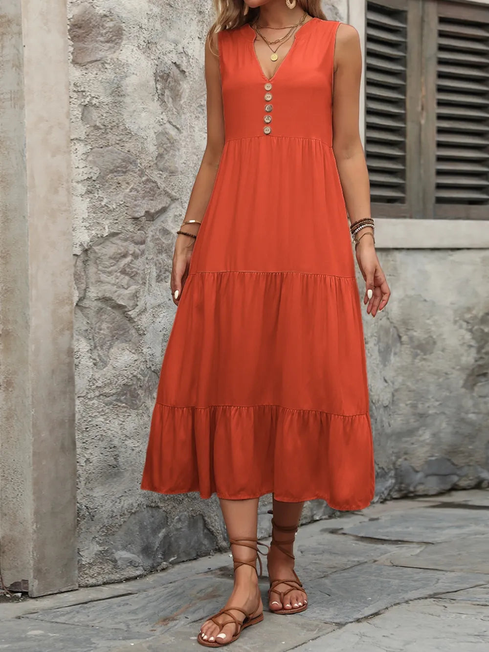 Ivy Lane Decorative Button Notched Sleeveless Dress - Fashorio