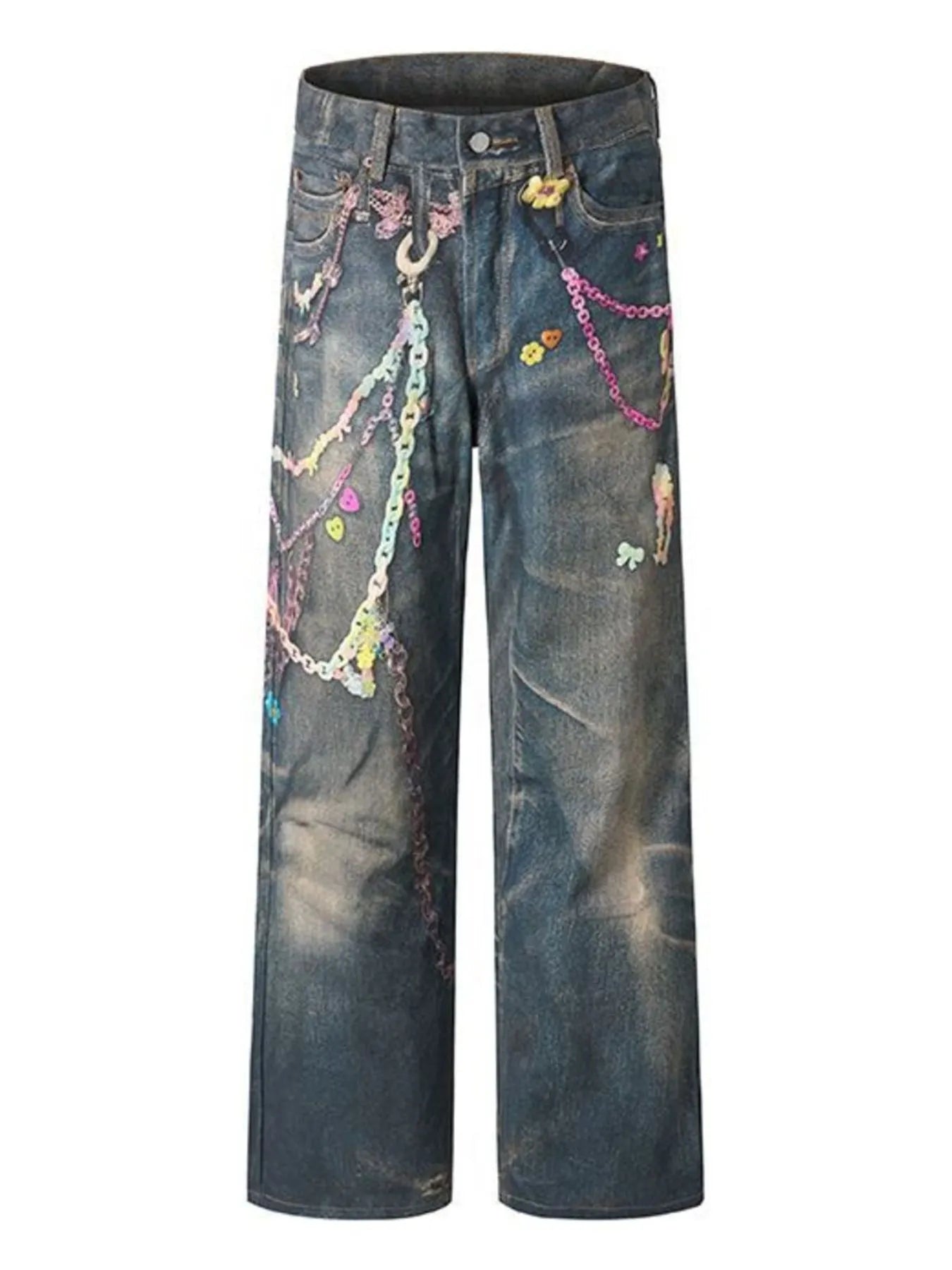Men's Printed Washed Distressed Wide Leg Jeans - Fashorio