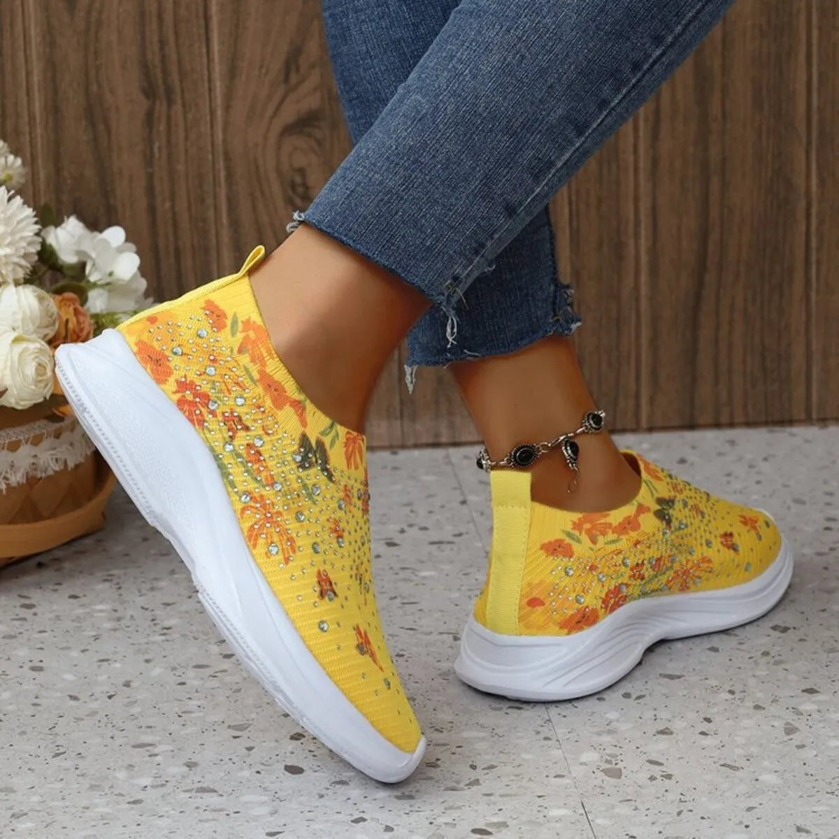 Rhinestone Floral Print Sneakers - Fashorio