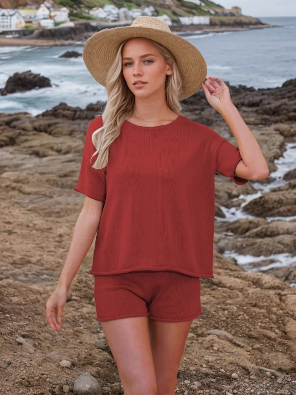 Round Neck Short Sleeve Top and Shorts Sweater Set - Fashorio