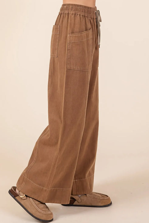 Mittoshop Mineral Wash Wide Leg Elastic Waist Twill Pants - Fashorio