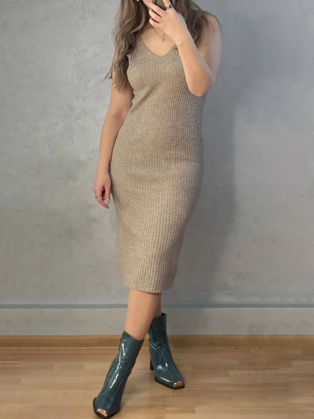 V-Neck Cami Dress and Open Front Cardigan Sweater Set - Fashorio
