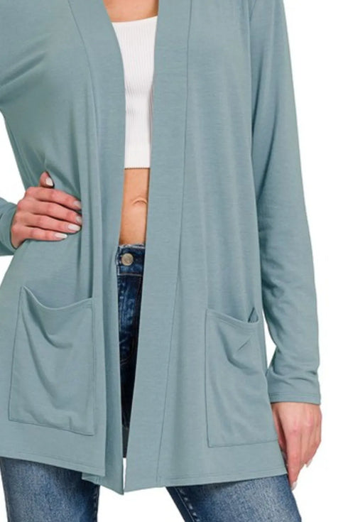 Zenana Slouchy Lightweight Open Front Pocket Cardigan - Fashorio