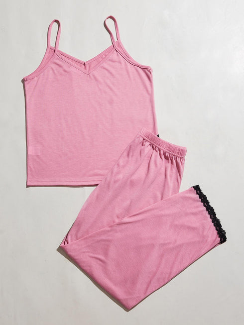 V-Neck Lace Trim Slit Cami and Pants Pajama Set Pink - Fashorio