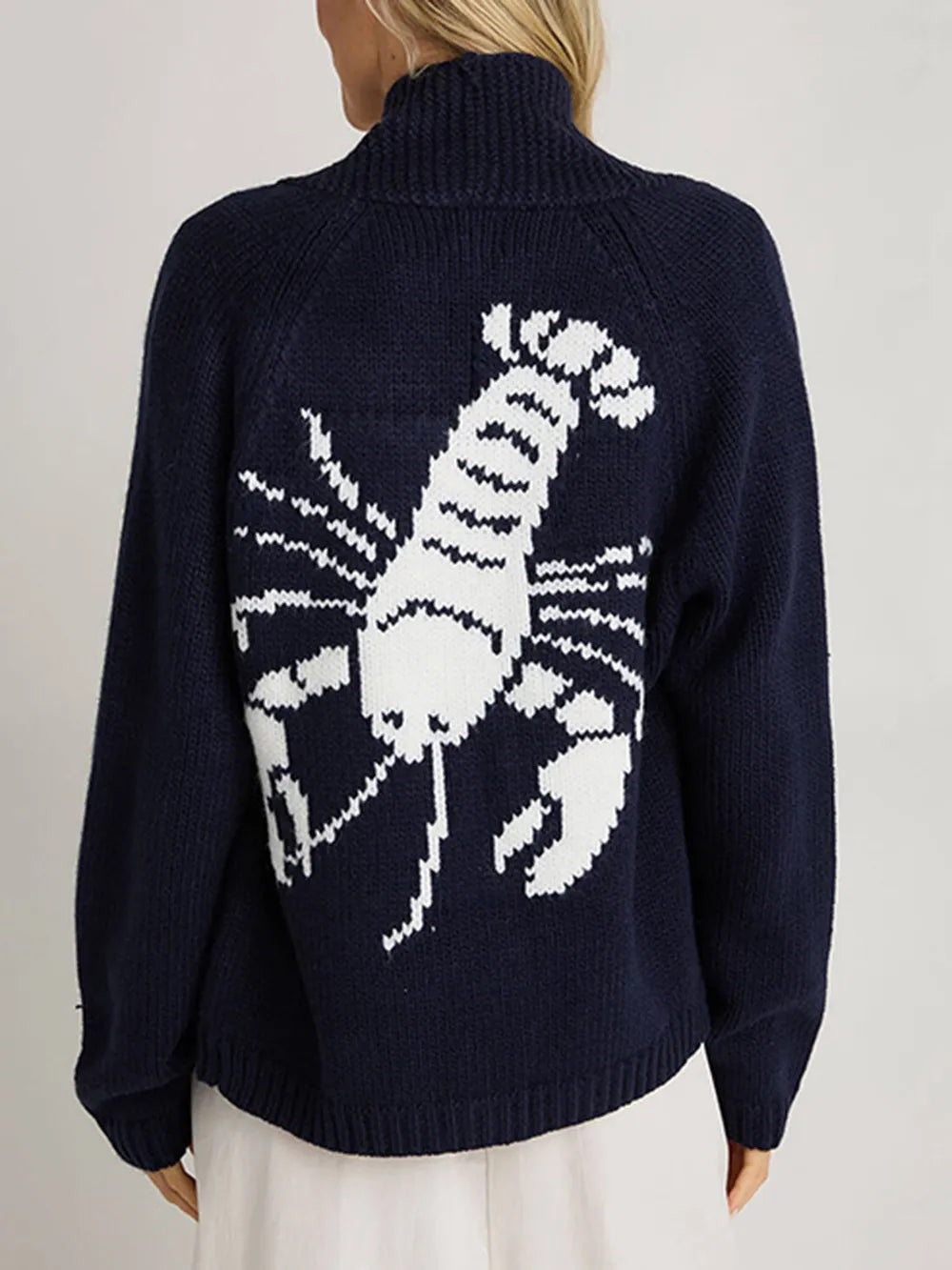 Lobster Button Up Long Sleeve Cardigan Dark Blue - Fashorio