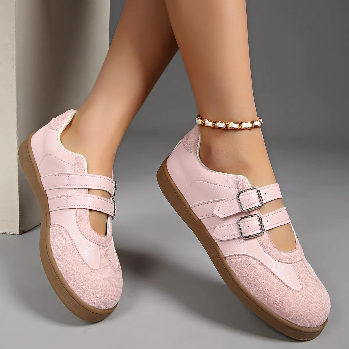 Round Toe Double Buckle Loafers - Fashorio