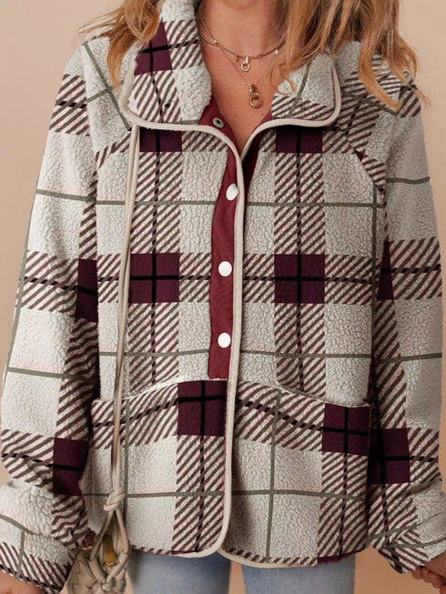 Plaid Fleece Jacket with Stand Collar – Buttoned & Pocketed Plaid - Fashorio