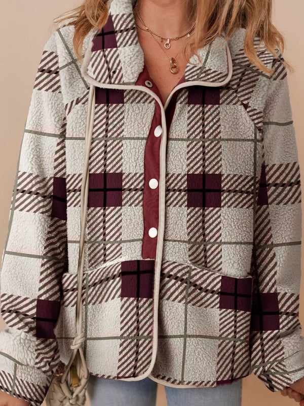 Plaid Fleece Jacket with Stand Collar – Buttoned & Pocketed Plaid - Fashorio