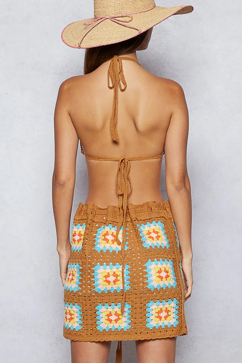 POL Crochet Halter Neck Cami and Skirt Sweater Set - Fashorio