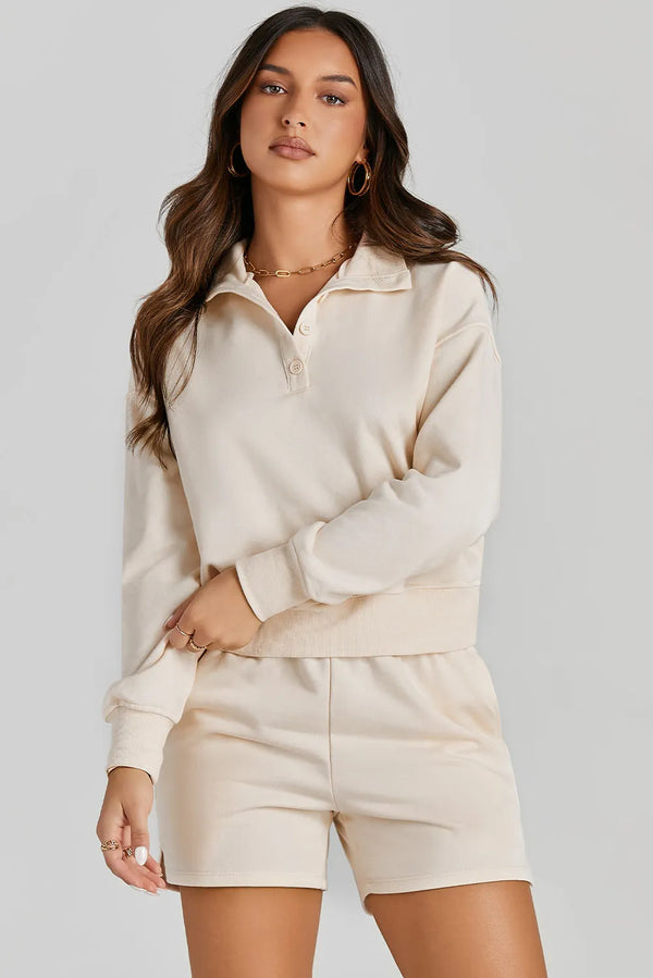 Half Button Sweatshirt and Shorts Active Set Cream - Fashorio