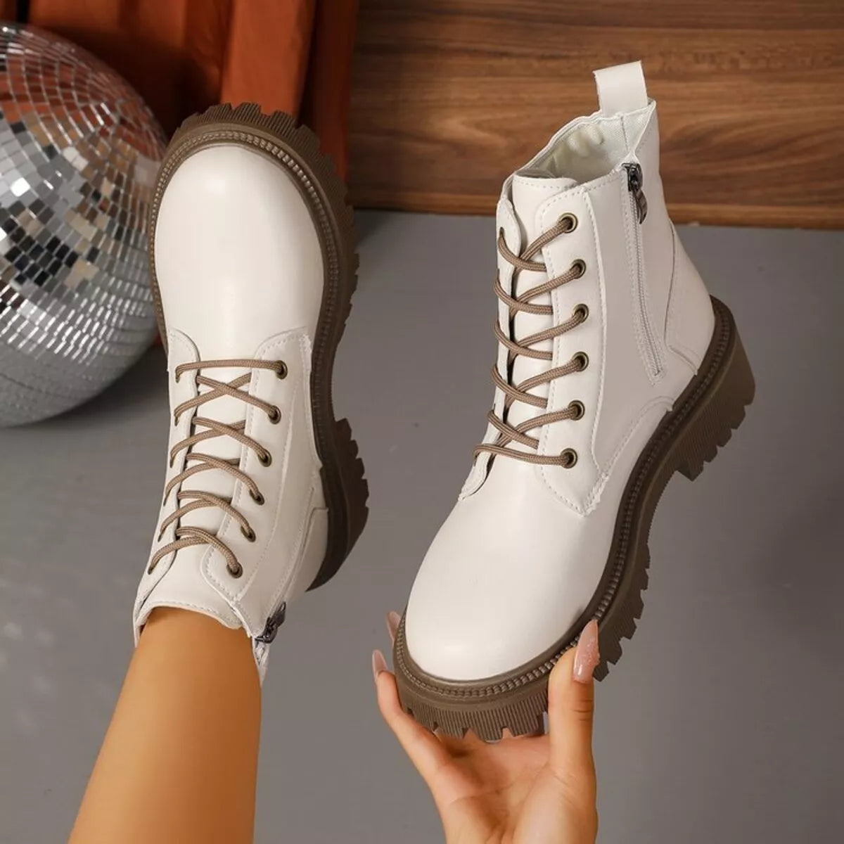 Lace Up Round Toe Boots Beige - Fashorio
