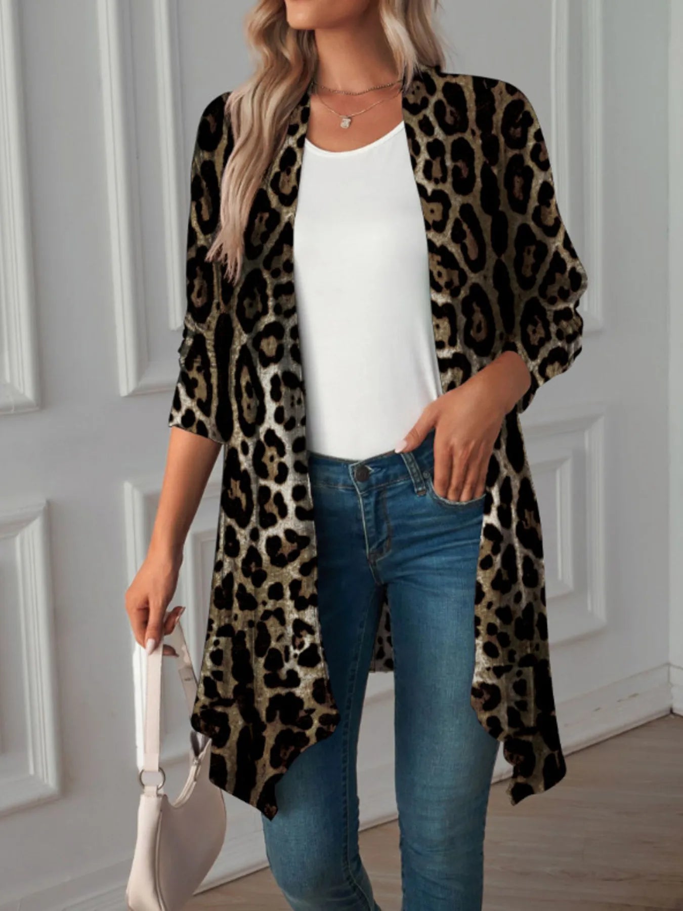 Leopard Print Long Open Front Cardigan - Fashorio