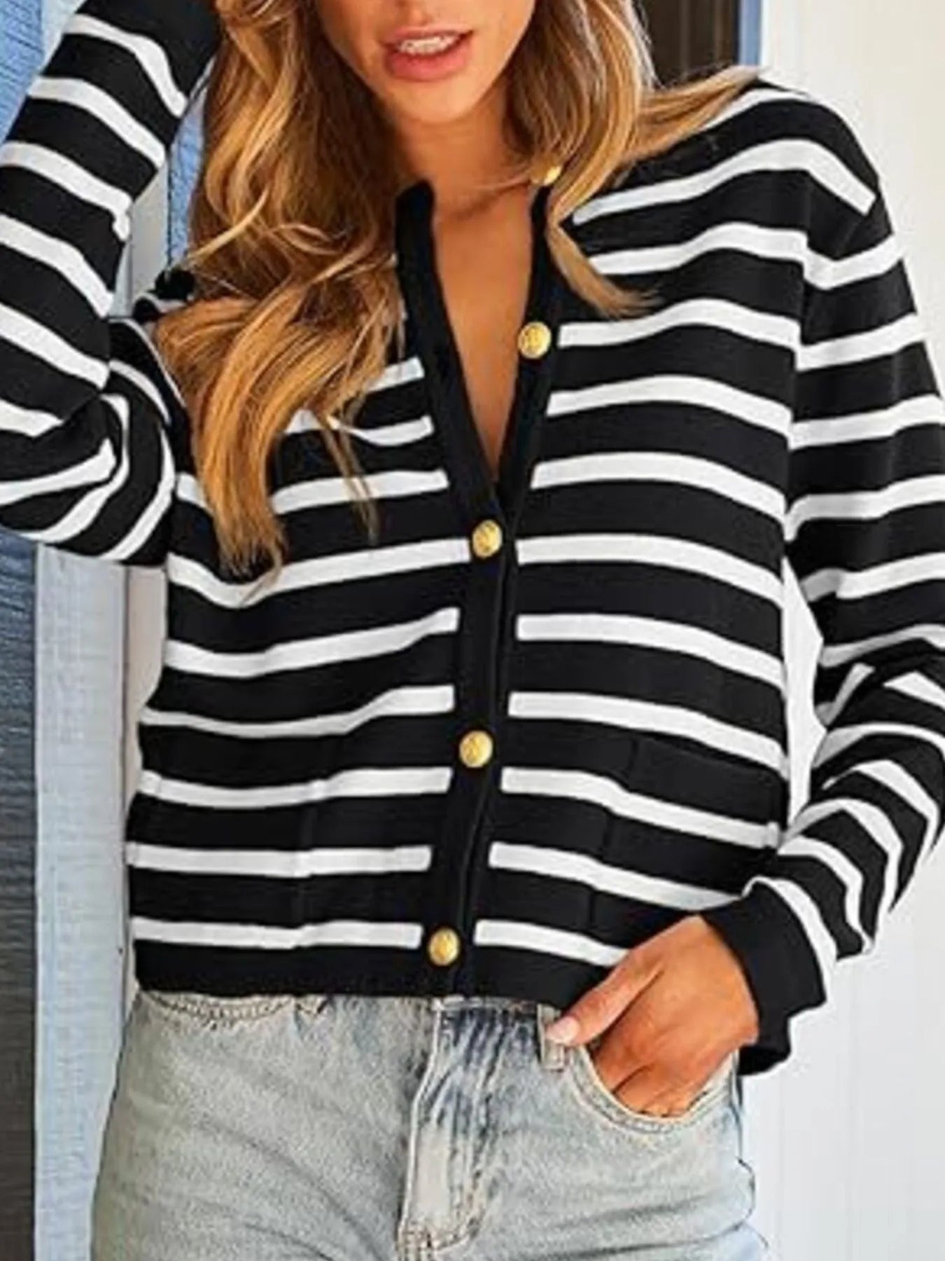 Striped Button-Up Cardigan Black & White - Fashorio