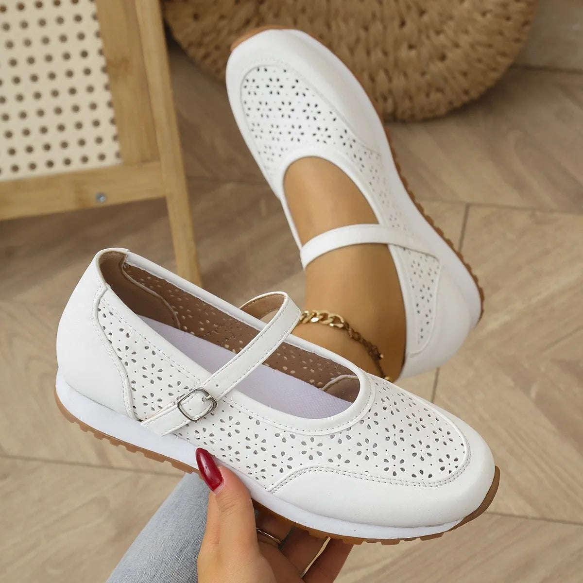 Perforated Mary Jane Slip-Ons with Athletic Sole White - Fashorio