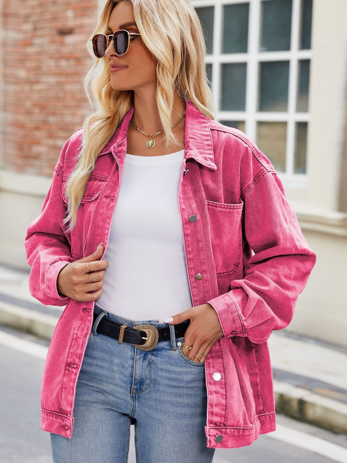 Button Up Denim Jacket with Pockets - Fashorio