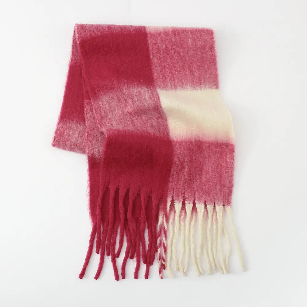 Fringe Contrast Plaid Polyester Scarf Deep Rose One Size - Fashorio
