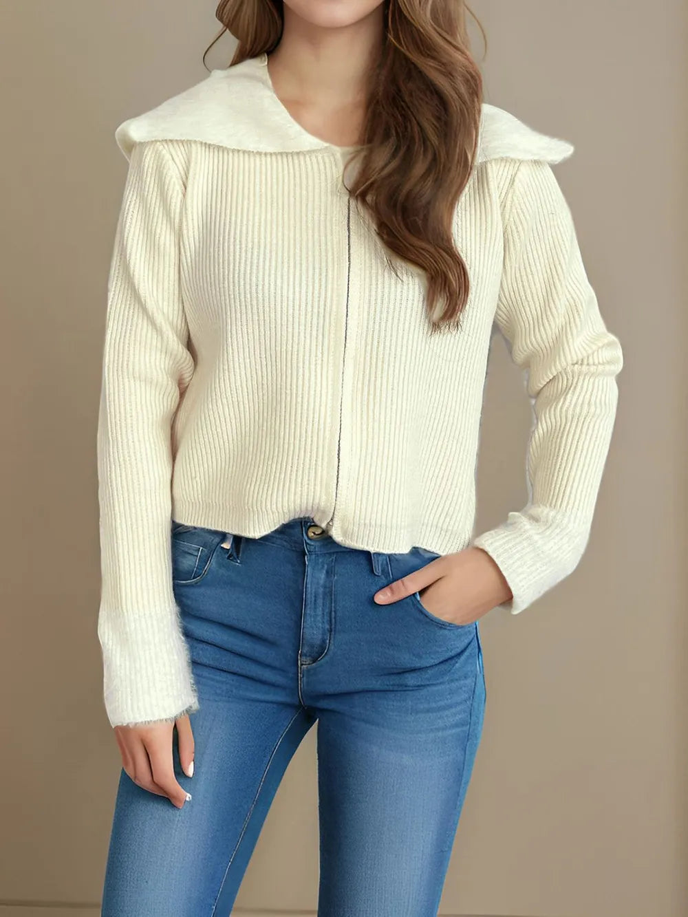 Zip Up Collared Neck Long Sleeve Cardigan - Fashorio