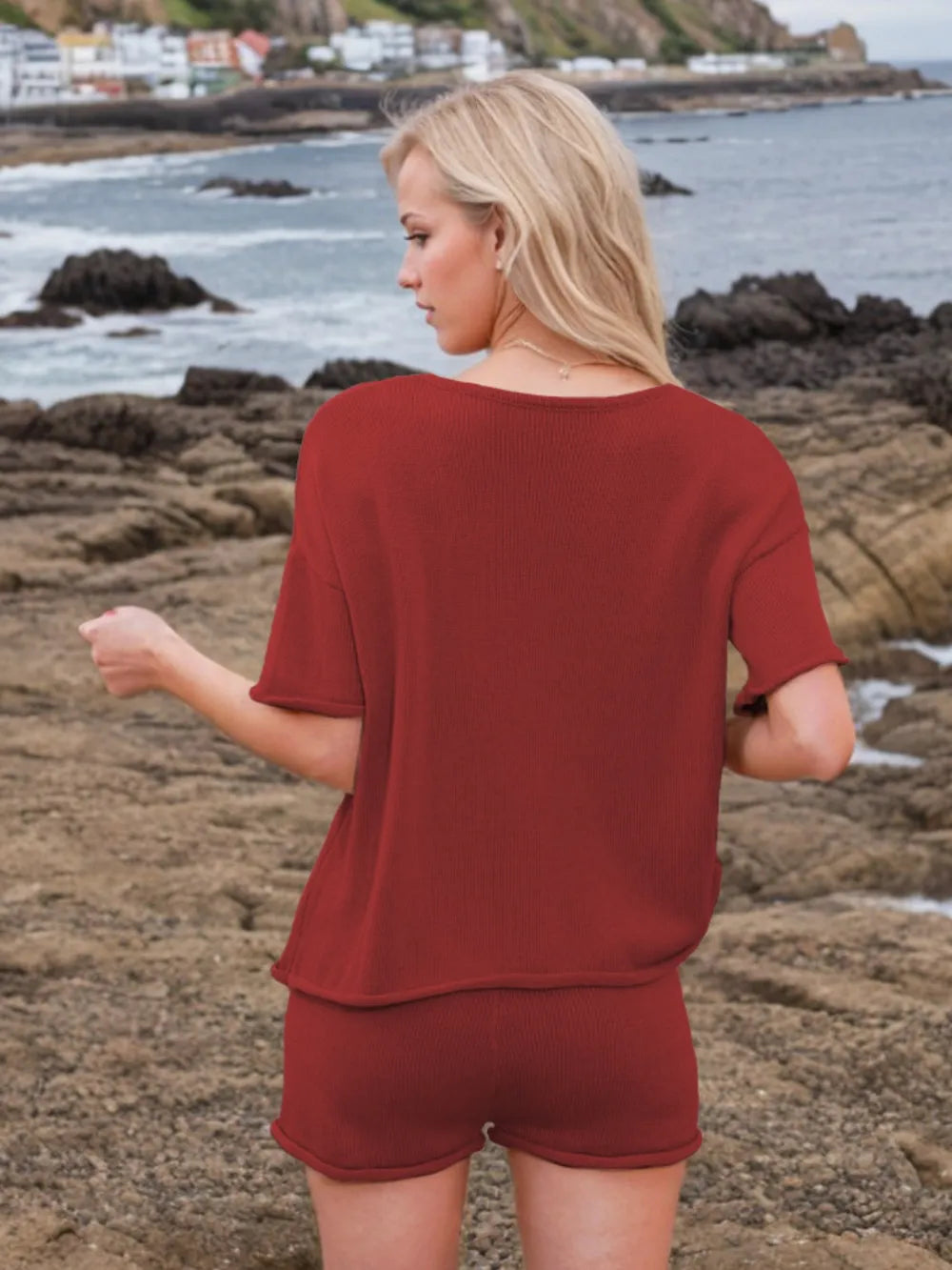 Round Neck Short Sleeve Top and Shorts Sweater Set - Fashorio