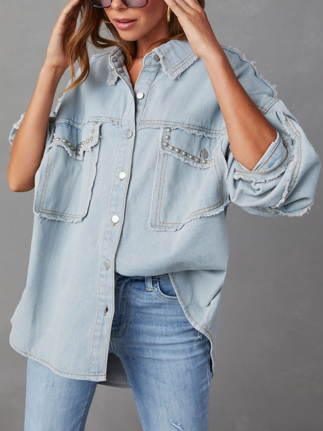 Button Down Raw Hem Denim Jacket Light Blue - Fashorio