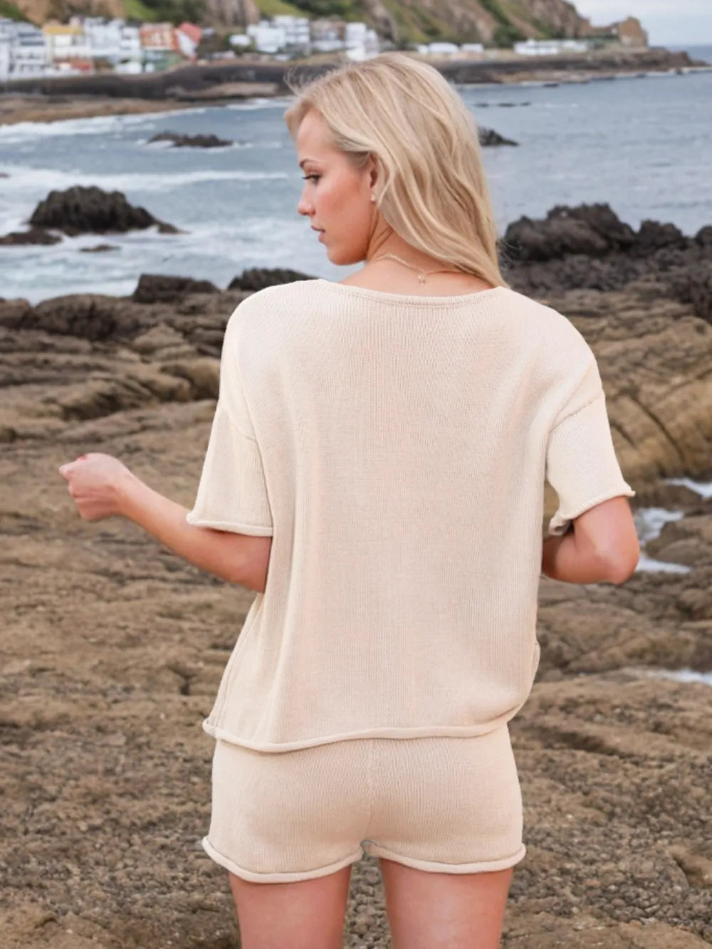 Round Neck Short Sleeve Top and Shorts Sweater Set - Fashorio