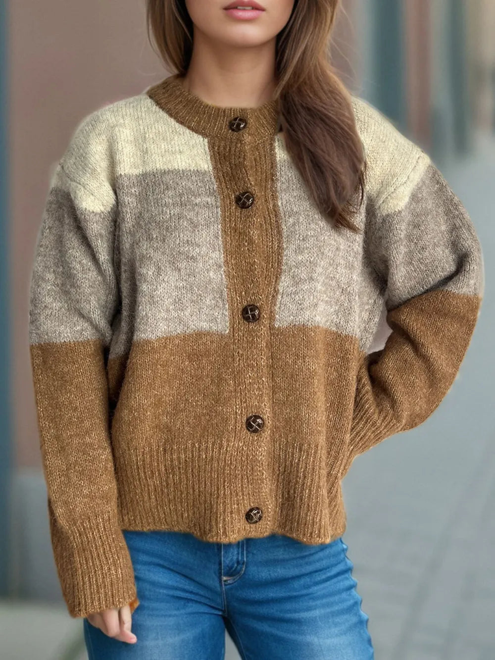 Color Block Round Neck Button Up Cardigan - Fashorio