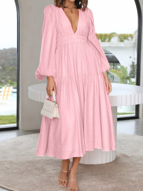 Deep V-Neck Balloon Sleeve Plain Maxi Dress Blush Pink - Fashorio