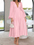 Deep V-Neck Balloon Sleeve Plain Maxi Dress Blush Pink - Fashorio