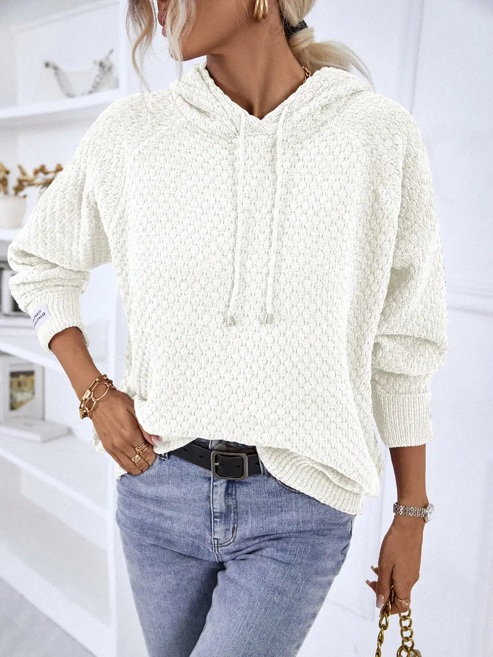 Texture Drawstring Long Sleeve Hooded Sweater White - Fashorio