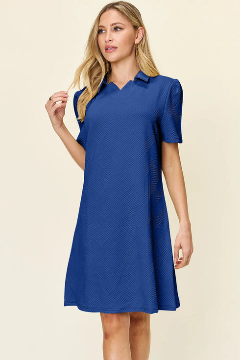 Double Take Full Size Texture Collared Neck Short Sleeve Dress Royal Blue - Fashorio
