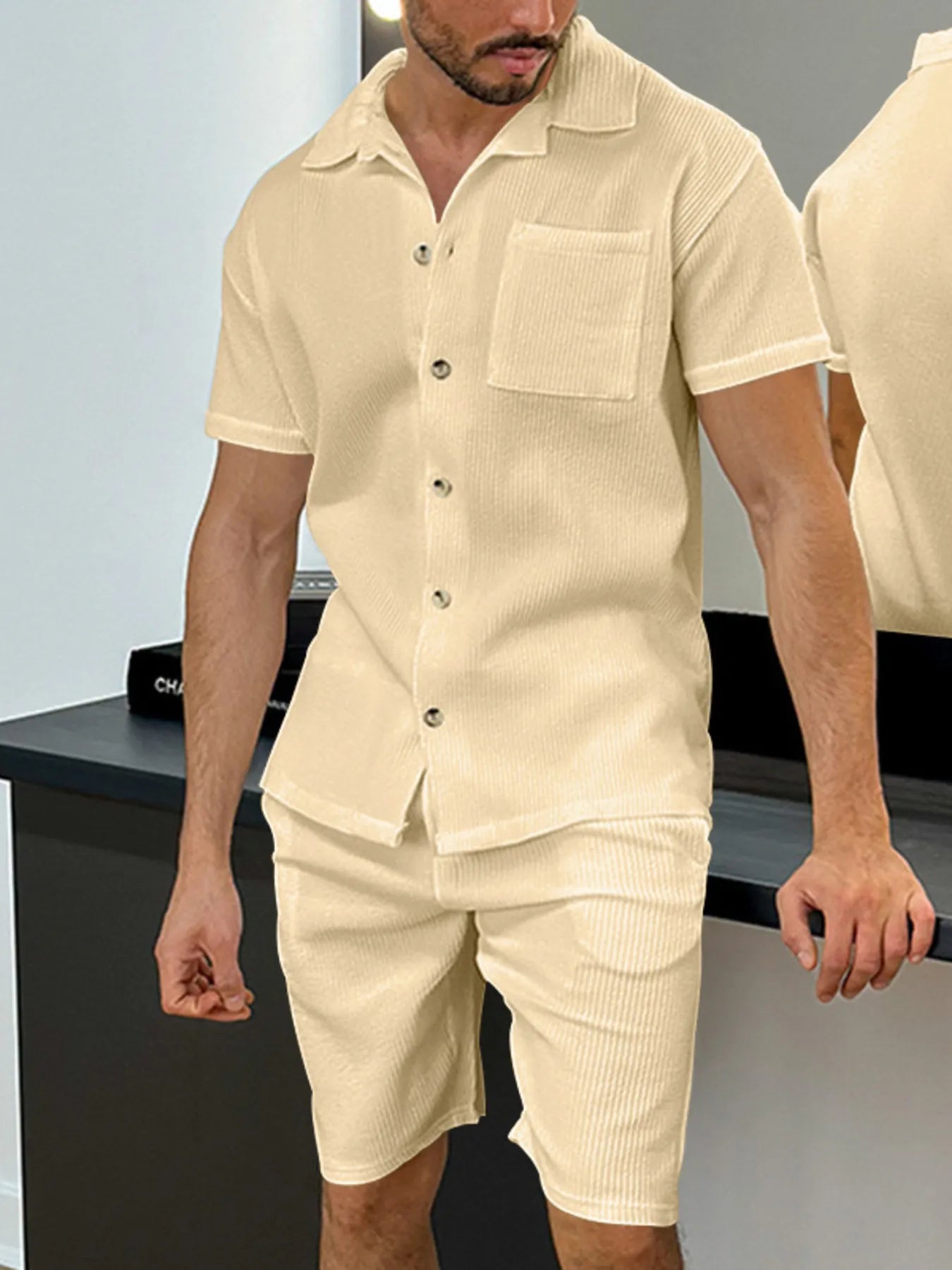 Men's Full Size Button Up Top and Shorts Set Plus Size Khaki - Fashorio