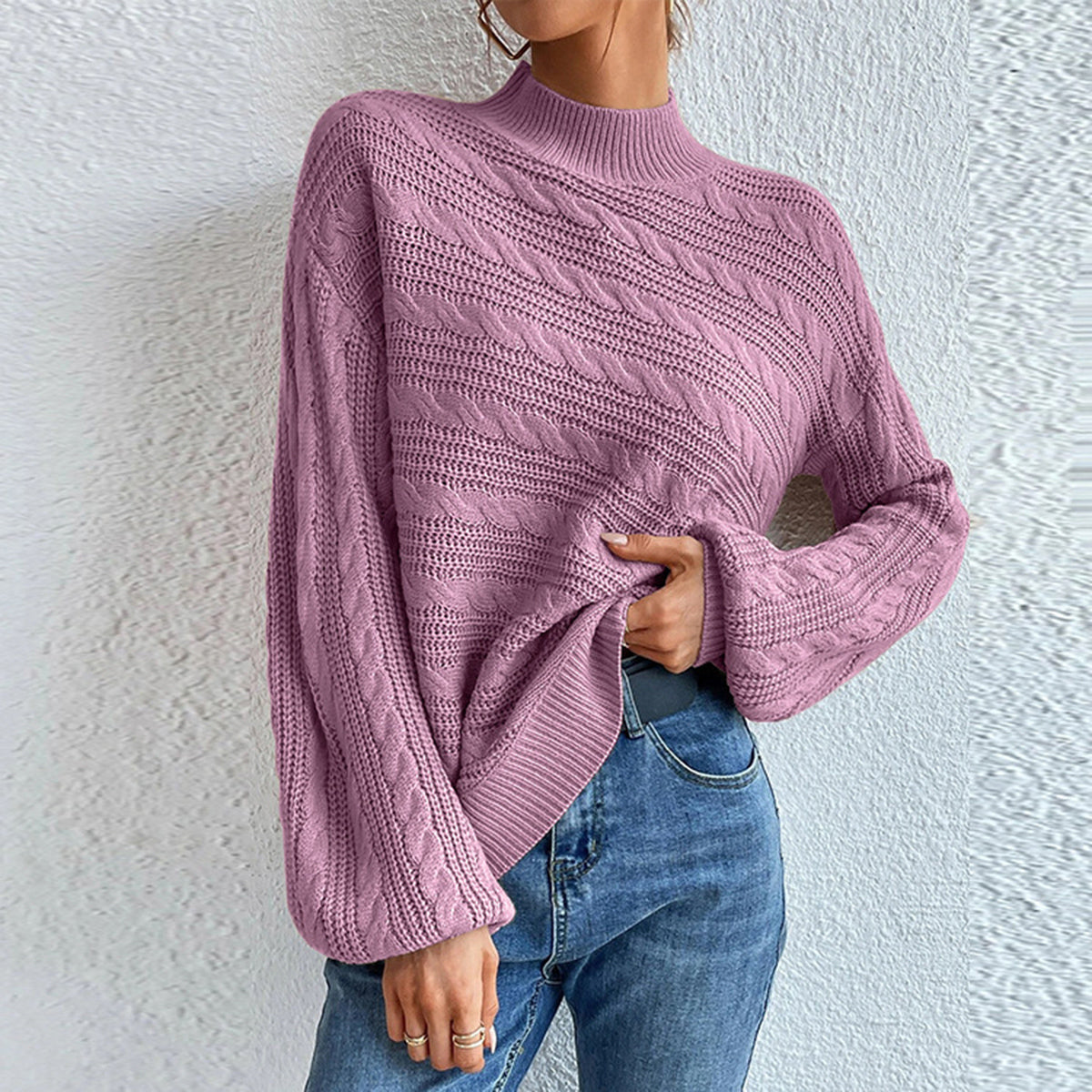 Cable-Knit Mock Neck Long Sleeve Sweater Light Mauve - Fashorio