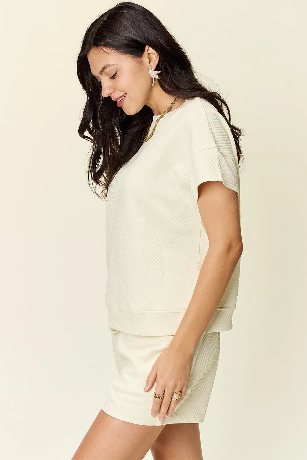 Double Take Full Size Texture Short Sleeve T-Shirt and Drawstring Shorts Set - Fashorio