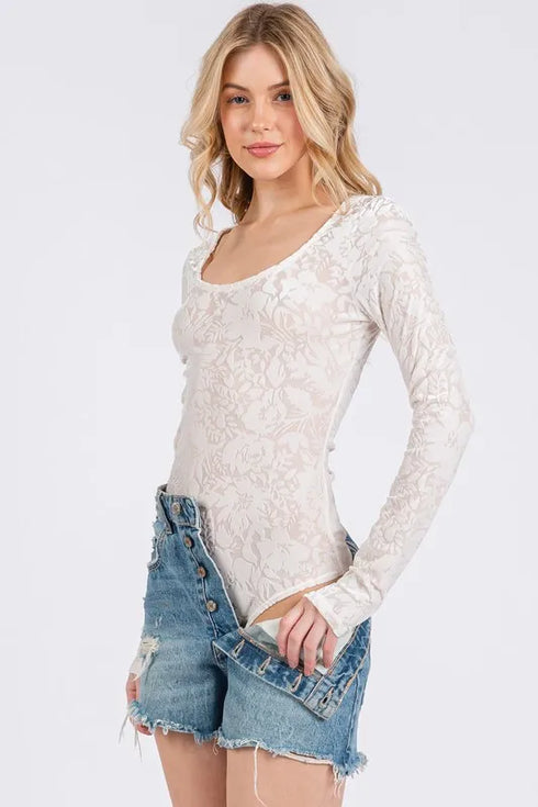 Ces Femme Velvet Floral Long Sleeve Bodysuit - Fashorio