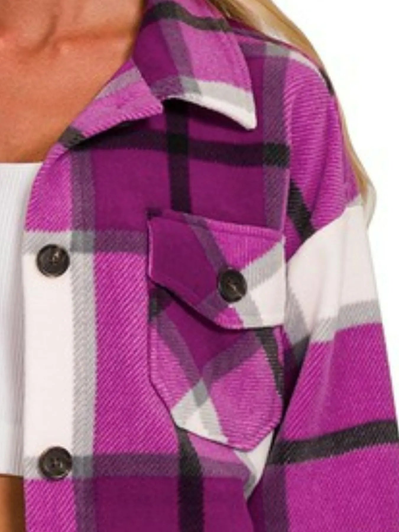 Oversized Purple Plaid Fleece Shacket with Chest Pockets - Fashorio