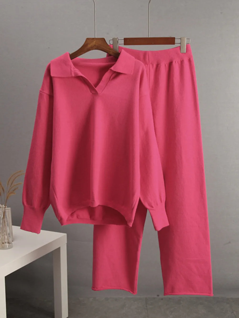 Johnny Collar Long Sleeve Top and Pants Sweater Set - Fashorio