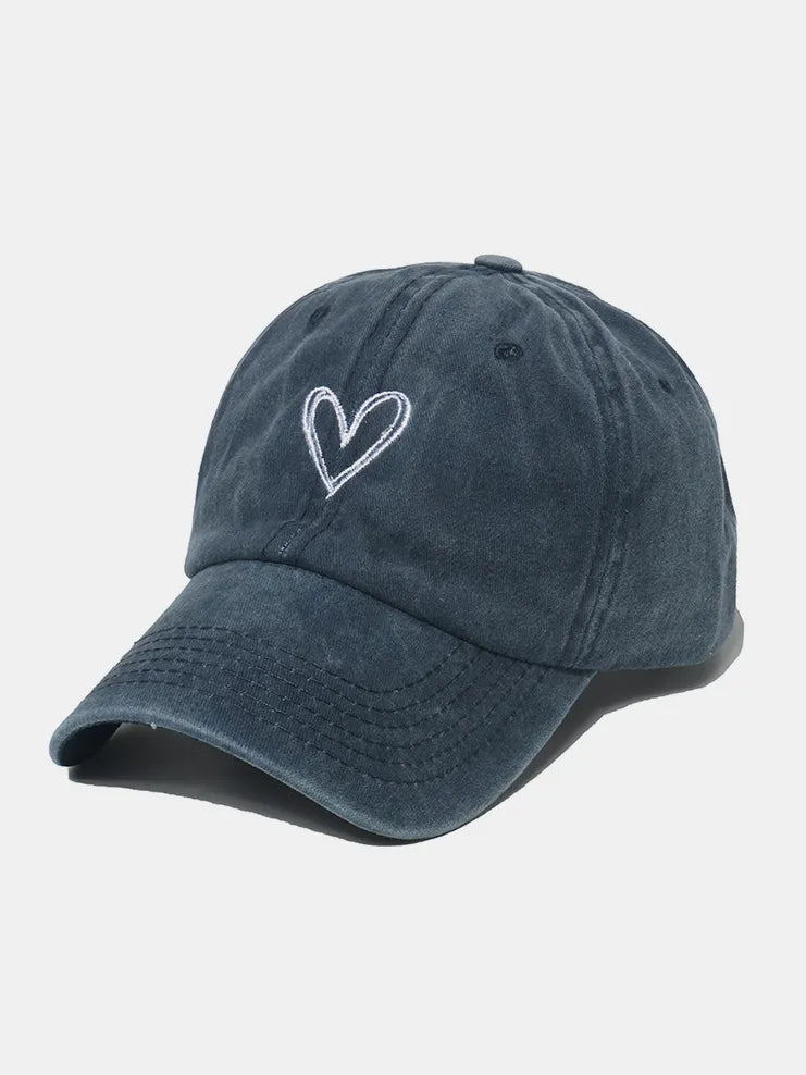 Embroidered Heart Washed Cotton Baseball Cap Dark Blue One Size - Fashorio
