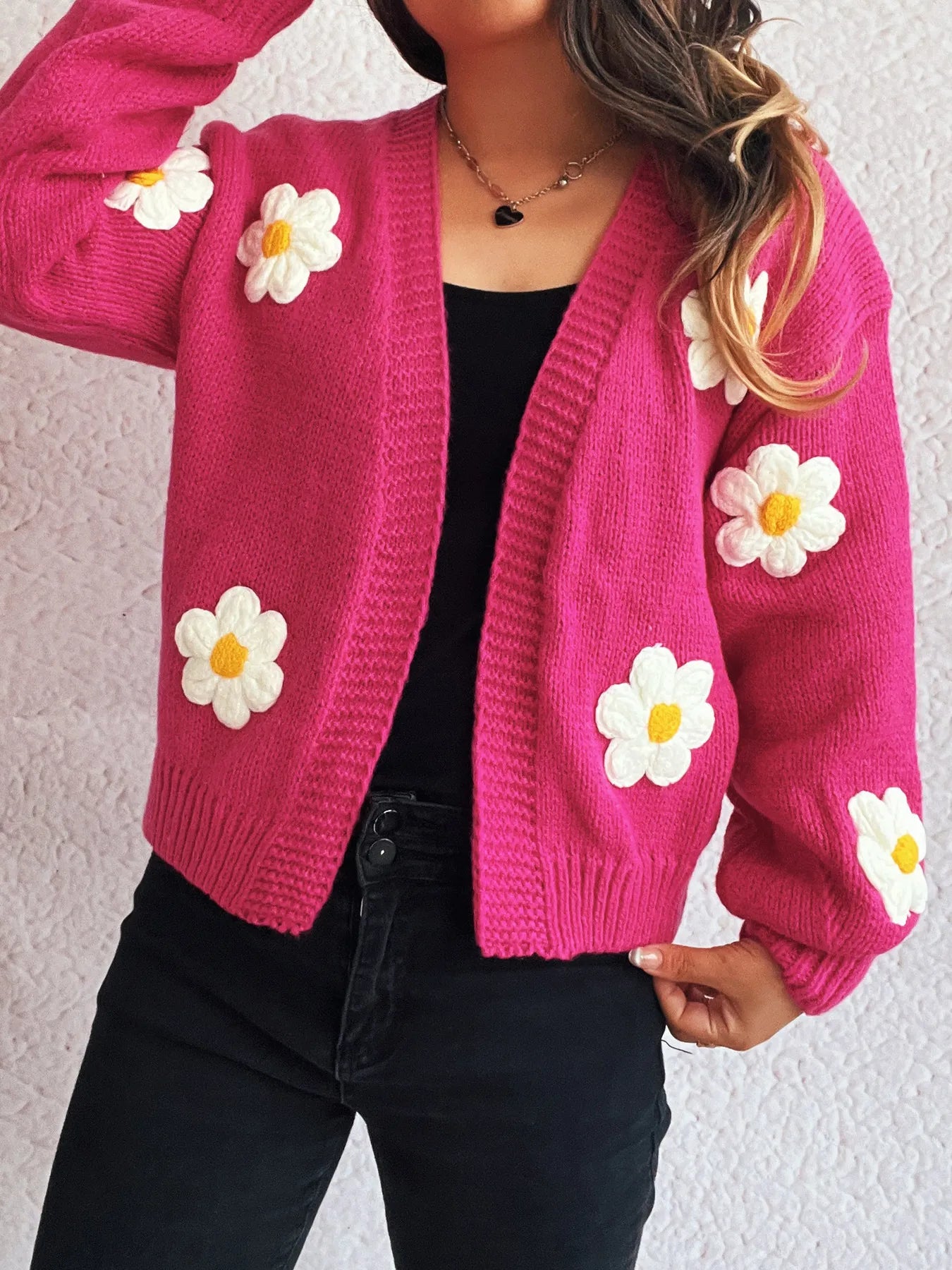 Flower Open Front Long Sleeve Cardigan - Fashorio