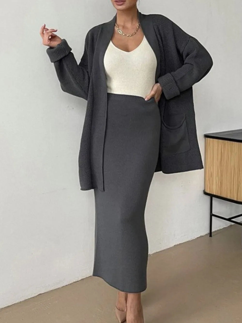 Pocketed Long Sleeve Cardigan and Skirt Sweater Set - Fashorio