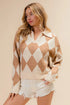 BiBi Diamond Pattern Collared Notch Neck Sweater - Fashorio