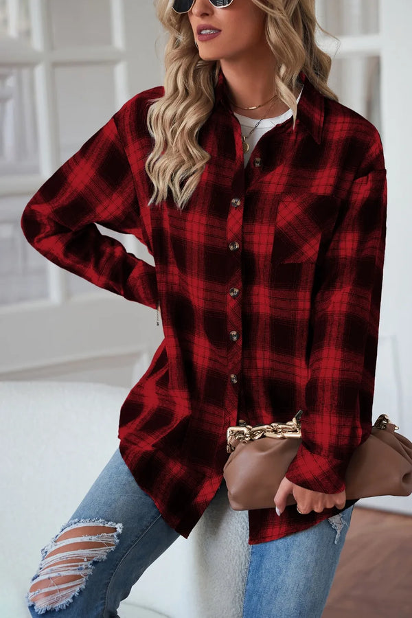 Plaid Button Up Dropped Shoulder Outerwear Burgundy - Fashorio
